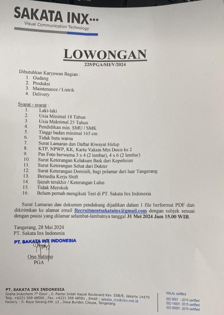 LOWONGAN KERJA DI TANGERANG 2024 PT. SKATA INK INDONESIA LOWONGAN KERJA 2024 PT. SKATA INK INDONESIA