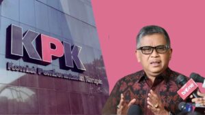 Kolase foto Hasto Kristianto dengan background potongan gedung KPK
