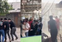 Detik-detik penggrebekan arena sabung ayam di Bekasi yang viral di media sosial. (Foto/Instagram @memomedsos)