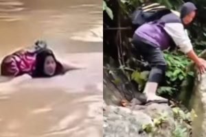 Jembatan Roboh, Aksi Heroik Bidan Desa Terjang Sungai Deras di Sumatera Barat untuk Selamatkan Warga Viral, Ini Sosoknya Aksi heroik bidan desa menyeberangi sungai di Sumatera Barat jadi sorotan setelah jembatan roboh total. (Foto: Instagram @kaba.pasaman)