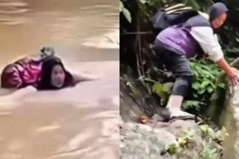 Aksi heroik bidan desa menyeberangi sungai di Sumatera Barat jadi sorotan setelah jembatan roboh total. (Foto: Instagram @kaba.pasaman)