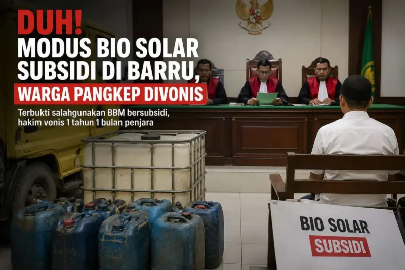 Foto: Ilustrasi persidangan kasus penyalahgunaan Bio Solar bersubsidi di PN Barru. Ilustrasi/AI.