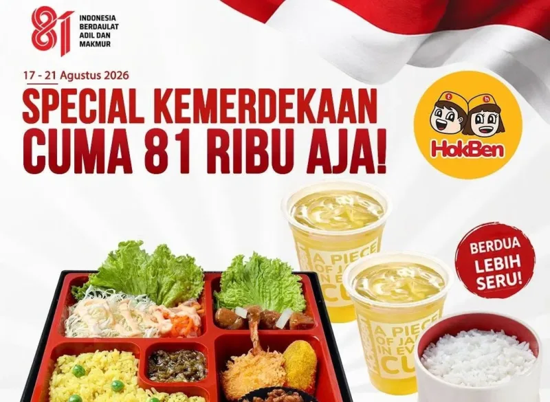 Simak Promo HokBen spesial 17 Agustus 2026, mulai dari Bento 17, Level Up Deals, hingga bundling hemat yang berlaku dalam waktu terbatas. (Foto: Instagram @hokben_id)