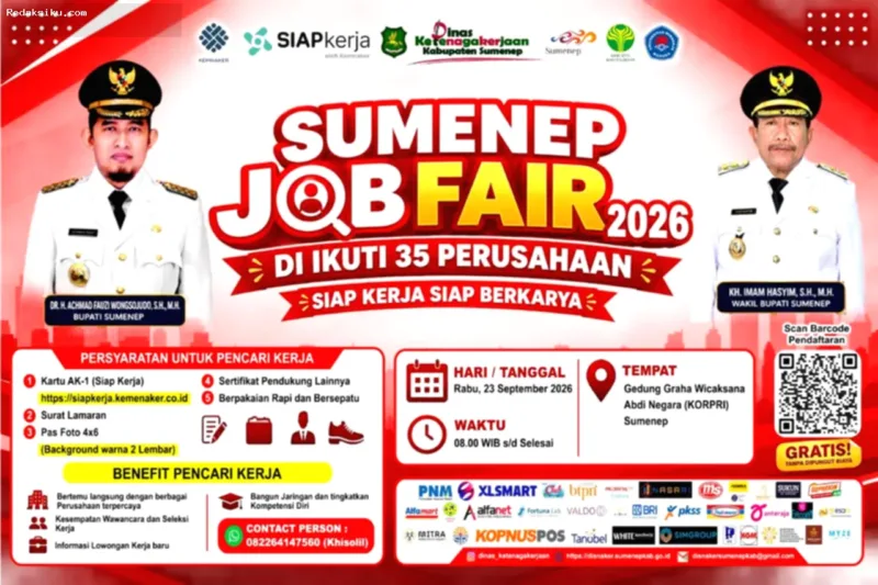 Suasana Sumenep Job Fair 2026 di Gedung KORPRI yang diikuti oleh 35 perusahaan.