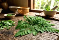 Manfaat Daun Kelor — Seikat daun kelor segar berwarna hijau yang kaya akan manfaat kesehatan bagi tubuh manusia.