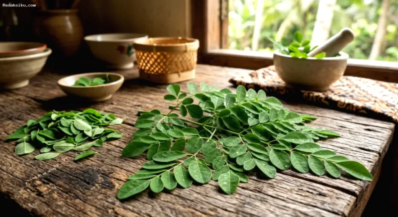 Manfaat Daun Kelor — Seikat daun kelor segar berwarna hijau yang kaya akan manfaat kesehatan bagi tubuh manusia.
