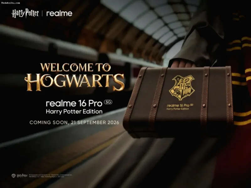 Smartphone realme 16 Pro Harry Potter Edition dengan desain bertema dunia sihir Hogwarts