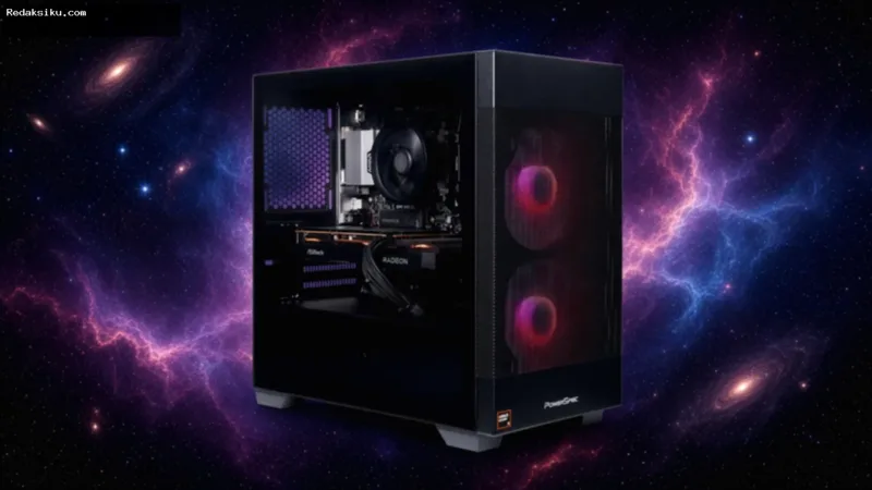 pesaing Steam Machine — Komputer meja gaming PowerSpec G542 buatan Micro Center di atas meja