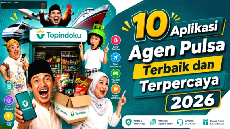 Aplikasi Agen Pulsa — Pemilik warung kelontong menggunakan smartphone untuk melayani transaksi digital dan penjualan pulsa.
