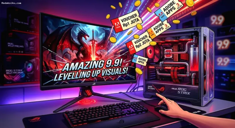 laptop ROG OLED — Jajaran monitor dan laptop gaming ASUS ROG seri OLED dengan desain futuristik