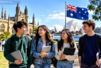 Mahasiswa internasional beraktivitas di area kampus universitas di kota besar Australia.