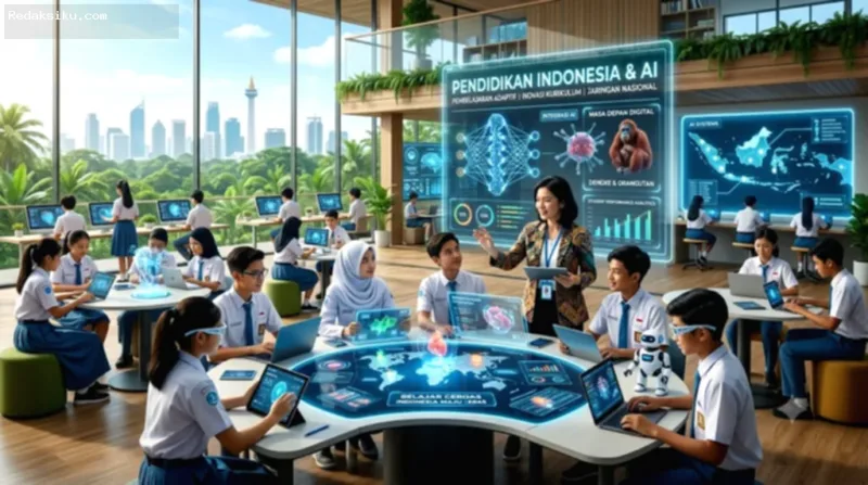 Pemanfaatan AI Pendidikan — Seorang siswa menggunakan perangkat digital untuk belajar di dalam ruang kelas modern.