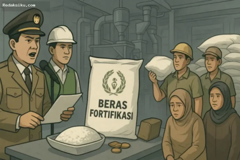 beras fortifikasi — Tumpukan karung beras premium di gudang Bulog untuk menjaga stabilitas stok pangan nasional