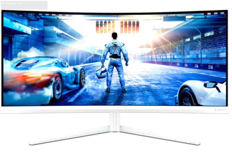 Monitor gaming lengkung Philips Evnia 34M2C5601QA ukuran 34 inci di atas meja.
