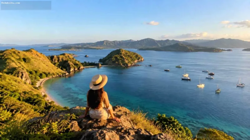 Destinasi Wisata Menarik — Pemandangan lanskap pesisir dan laut biru di Labuan Bajo dengan perbukitan hijau di sekitarnya.