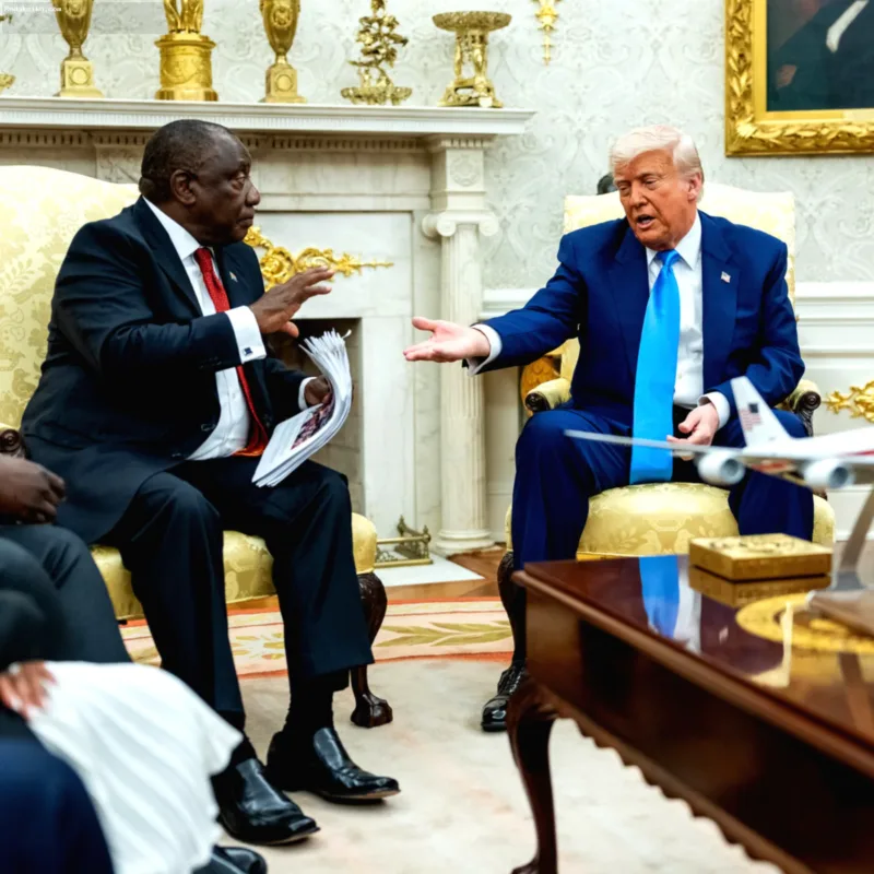 Larangan Masuk Warga Afrika — Donald Trump dan pemandangan kota Washington dengan latar belakang bendera Amerika Serikat