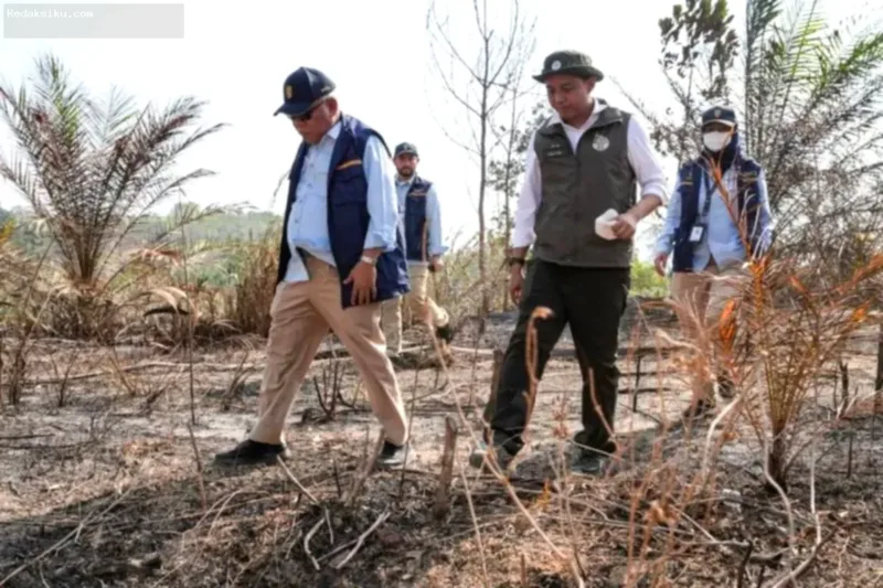 Kemenhut Bekukan Izin — Logo Kementerian Kehutanan dan ilustrasi hutan sebagai simbol pembekuan izin 26 perusahaan terkait karhutla