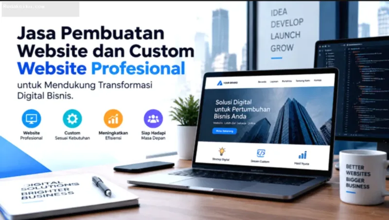 jasa pembuatan website — Layar laptop menampilkan desain antarmuka website profesional dengan kode pemrograman dan elemen visual modern