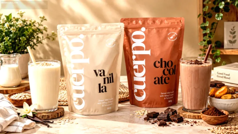 Kemasan produk Susu Cuerpo rasa vanilla dan chocolate dengan kandungan whey protein dan oat.