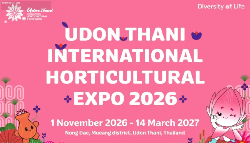 Persiapan area pameran Udon Thani Horticultural Expo 2026 di Thailand yang menampilkan inovasi botani dan teknologi hijau.