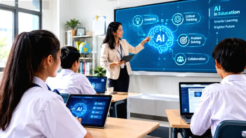 Perubahan Pendidikan Era — Ilustrasi integrasi kecerdasan buatan dalam proses belajar mengajar di ruang kelas modern yang inklusif.