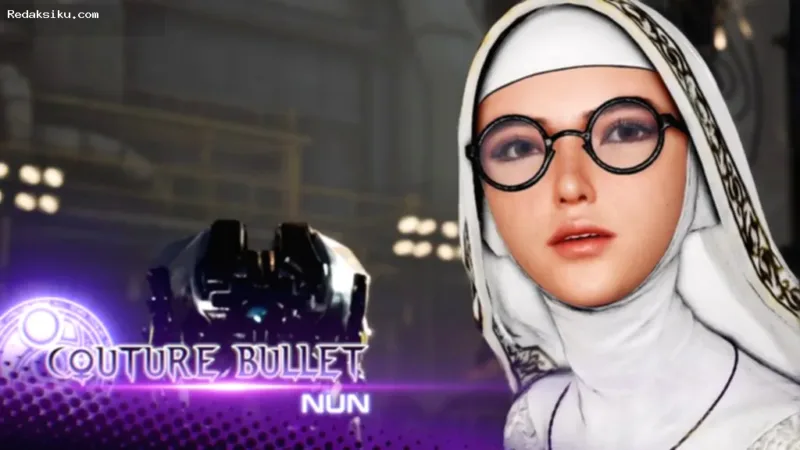 Karakter Eve dari game Stellar Blade dengan latar belakang futuristik