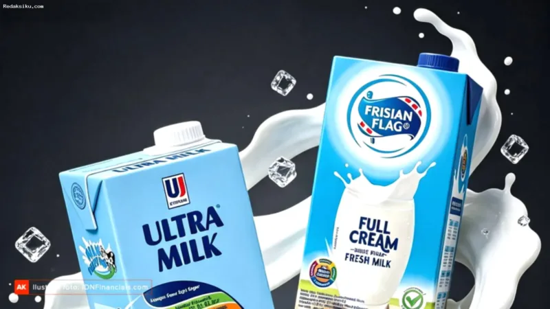 Induk Frisian Flag — Logo PT Ultrajaya Milk Industry Tbk dan ilustrasi produk susu Frisian Flag