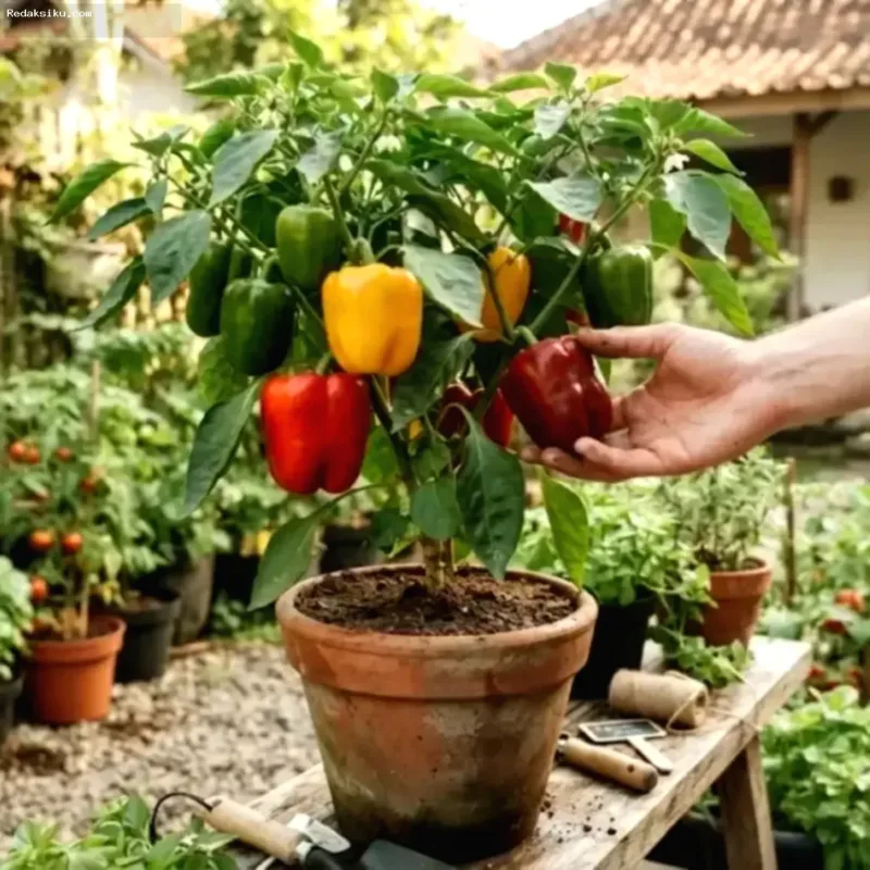 menanam paprika — Tanaman paprika berwarna merah cerah tumbuh subur di dalam pot di pekarangan rumah.