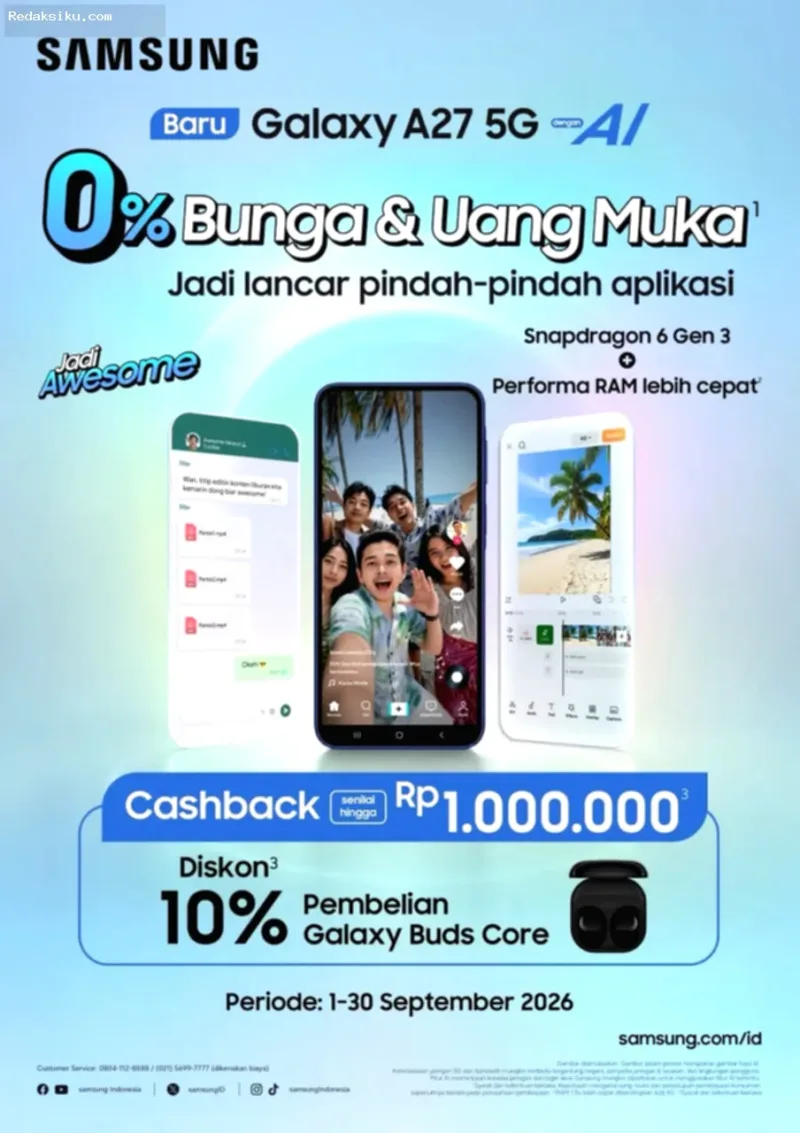 Ponsel Samsung Galaxy A27 5G yang dirancang dengan ketahanan fisik dan sistem lunak untuk penggunaan jangka panjang.