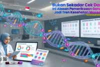 Ilustrasi DNA dan pemeriksaan genomik untuk kesehatan preventif presisi.