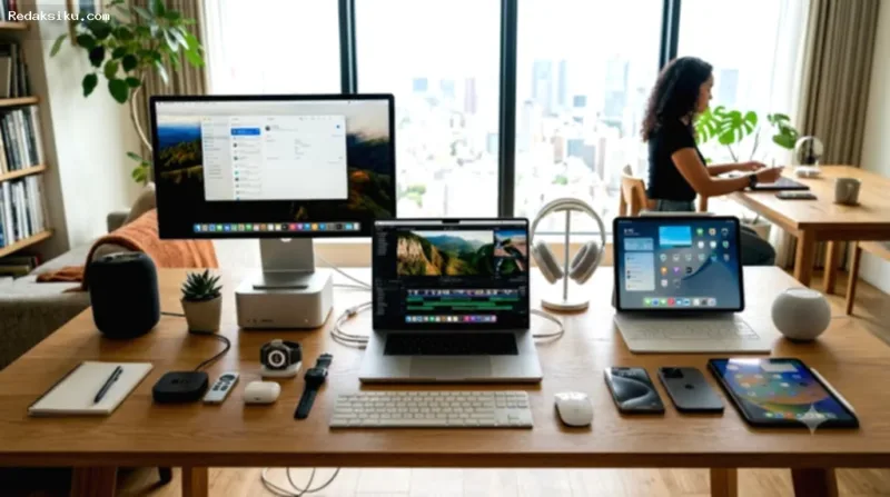 Deretan perangkat Apple seperti iPhone, iPad, dan MacBook yang terhubung dalam satu ekosistem teknologi.