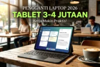 Tablet berlayar sentuh dengan aksesori keyboard eksternal untuk menunjang produktivitas harian.