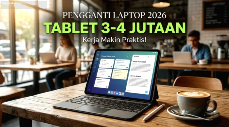 Tablet berlayar sentuh dengan aksesori keyboard eksternal untuk menunjang produktivitas harian.