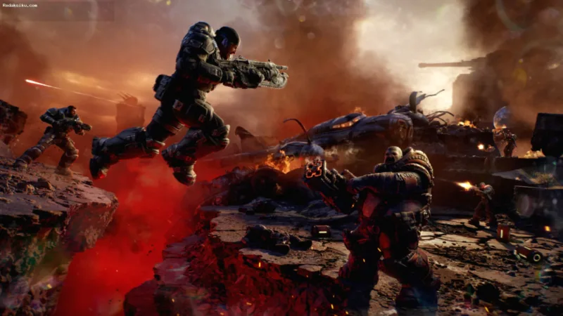 Cuplikan visual gameplay Gears of War: E-Day yang menampilkan karakter utama dalam pertempuran intens.