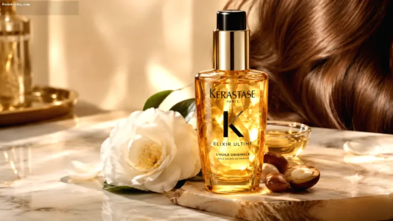 Botol produk Kérastase Elixir Ultime untuk perawatan rambut berkilau tanpa lepek