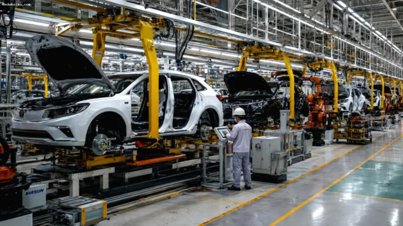 Lini perakitan kendaraan modern dengan teknologi canggih di pabrik otomotif Indonesia.