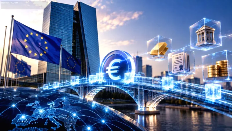 Logo European Central Bank (ECB) dengan latar belakang grafis teknologi digital dan koneksi jaringan keuangan