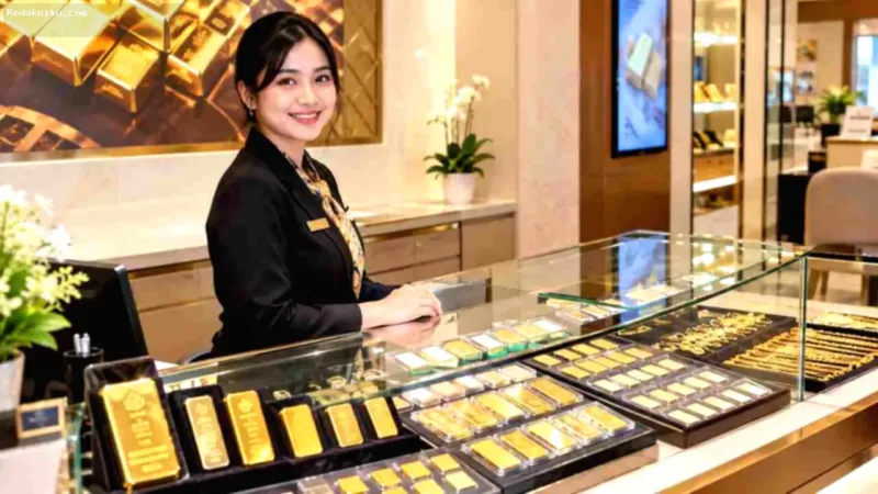 Deretan emas batangan Antam, UBS, dan Galeri24 yang dipajang di gerai Pegadaian