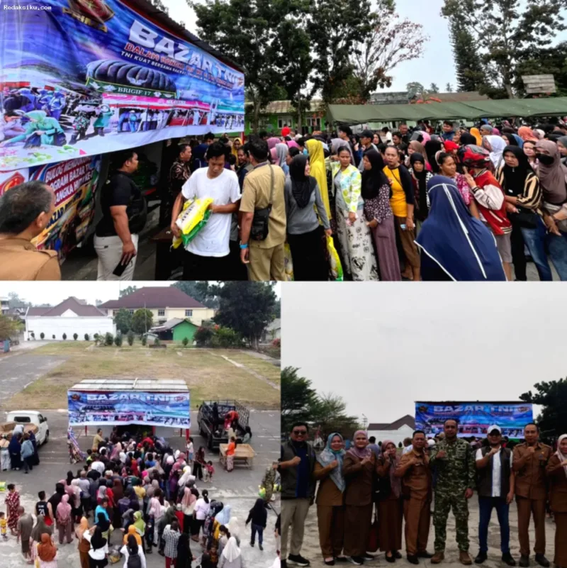 Warga mengantre di pasar murah kolaborasi Pemkot, Kodim 0406/Lubuklinggau, dan Bulog untuk bahan pokok terjangkau.