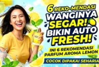Botol parfum aroma lemon segar berlatar belakang nuansa tropis yang cerah.