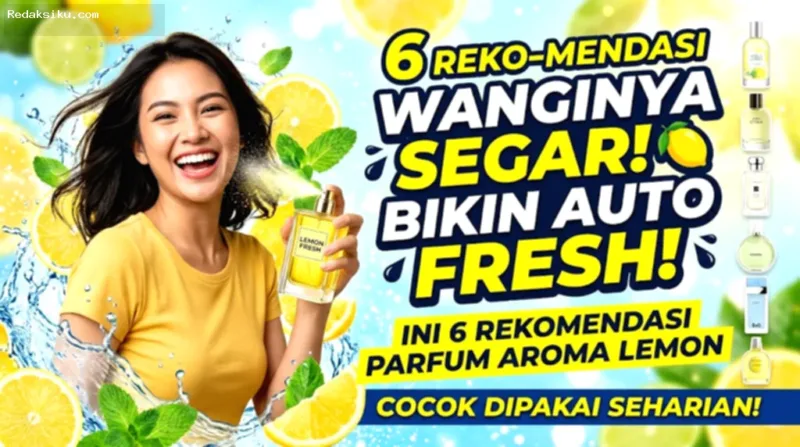 Botol parfum aroma lemon segar berlatar belakang nuansa tropis yang cerah.