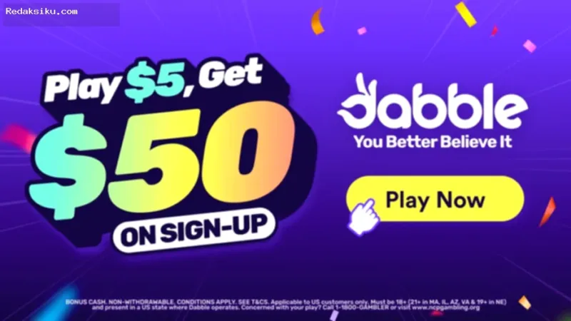 Kode Promo Dabble — Tampilan antarmuka platform olahraga fantasi Dabble dengan promo main 5 dolar dapat 50 dolar.