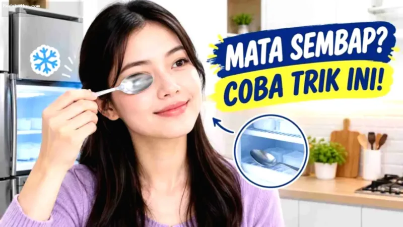 Cara Mengatasi Mata Sembap — Dua sendok logam dingin untuk mengatasi mata sembap secara alami di pagi hari.