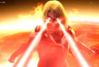 Logo game Injustice dengan latar belakang bernuansa DC Comics