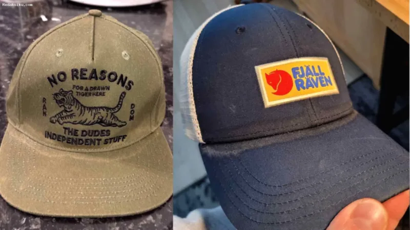 Seseorang sedang membersihkan noda keringat pada bagian dalam topi menggunakan sikat gigi dan shampo.