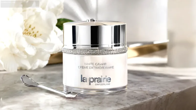 Kemasan produk mewah La Prairie White Caviar Creme Extraordinaire di atas permukaan putih.