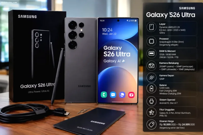 Spesifikasi Samsung Galaxy S26 — Tampilan Samsung Galaxy S26 Ultra dengan layar 6,9 inci dan kamera utama 200 MP.