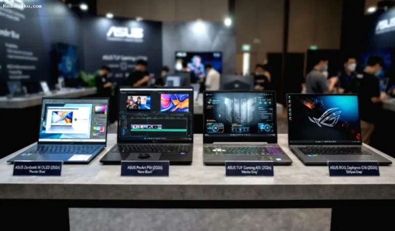 Rekomendasi Laptop ASUS — Jajaran laptop ASUS Zenbook dan ROG dengan layar OLED modern terbuka di atas meja.