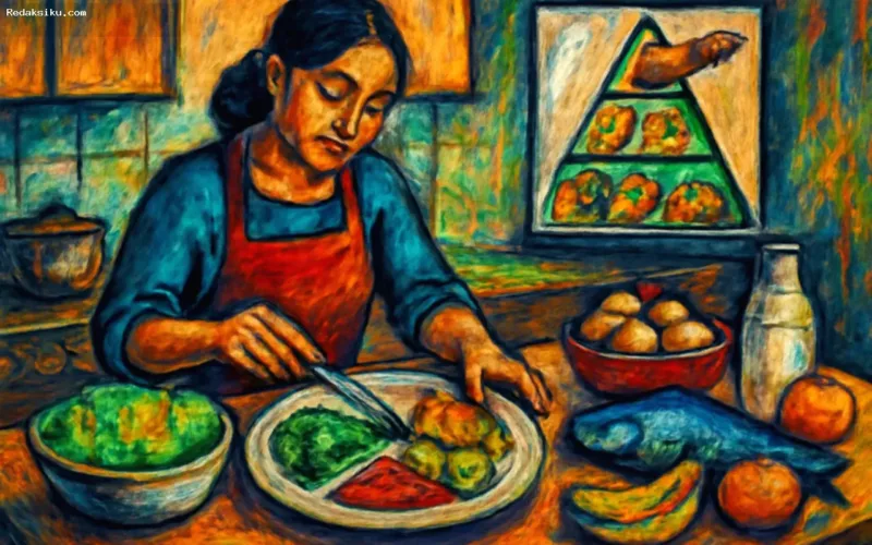 menu gizi seimbang — Aneka ragam makanan sehat seperti sayuran, buah-buahan, dan protein sebagai komponen gizi seimbang di meja makan.