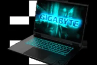 Laptop GIGABYTE Gaming A16 warna hitam dengan desain bodi ringkas dan modern.